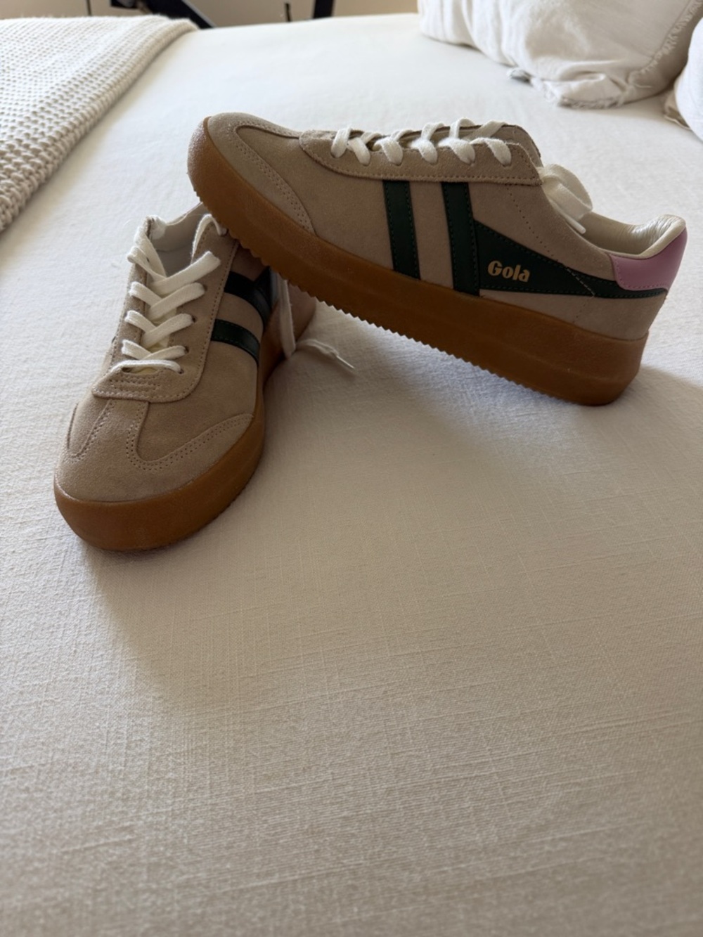 Gola Beige Suede Platform Sneakers with Green Stripes and Pink Heel
